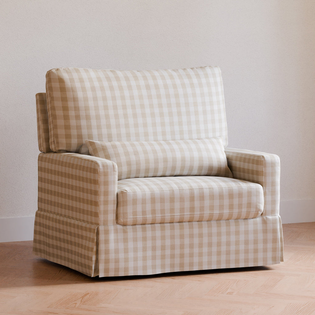 Crawford Pillowback Chair and a Half Comfort Swivel Glider | Tan Gingham Rocking Chairs NAMESAKE 