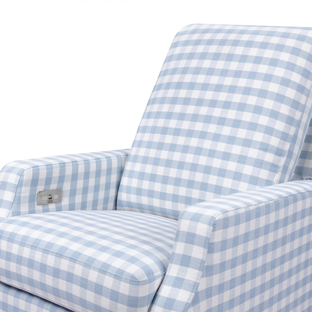 Crewe Electronic Recliner and Swivel Glider | Blue Gingham with Light Wood Base Rocking Chairs NAMESAKE 