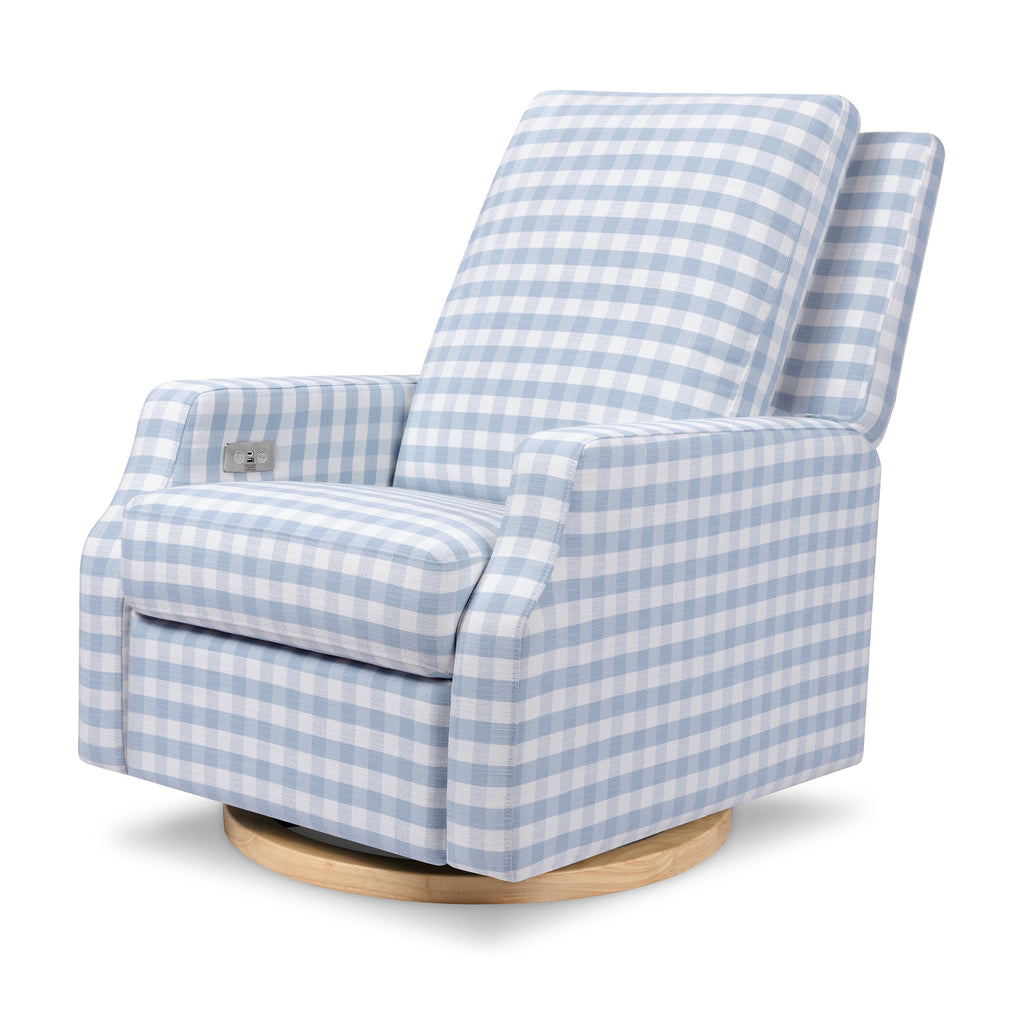 Crewe Electronic Recliner and Swivel Glider | Blue Gingham with Light Wood Base Rocking Chairs NAMESAKE 