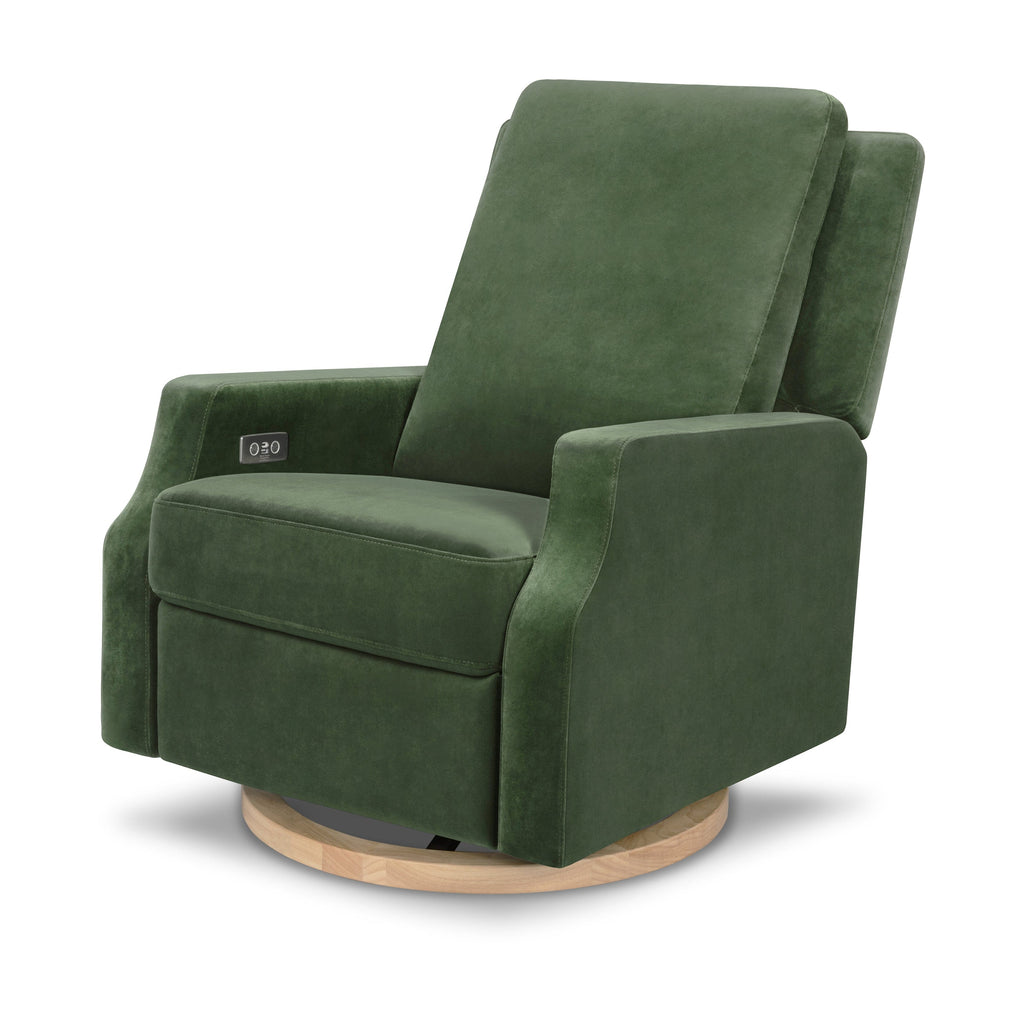 Crewe Electronic Recliner and Swivel Glider | Forest Green Velvet with Light Wood Base Rocking Chairs NAMESAKE Forest Green Velvet with Light Wood Base M 