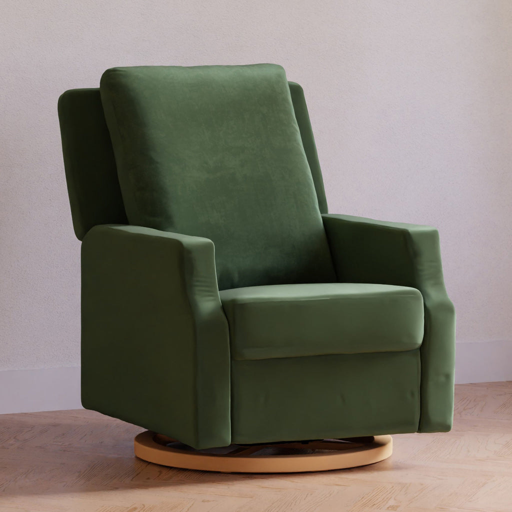 Crewe Electronic Recliner and Swivel Glider | Forest Green Velvet with Light Wood Base Rocking Chairs NAMESAKE 