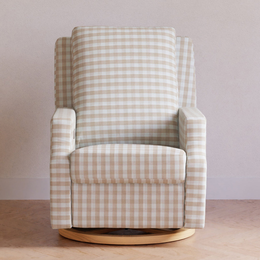 Crewe Electronic Recliner and Swivel Glider | Tan Gingham with Light Wood Base Rocking Chairs NAMESAKE 