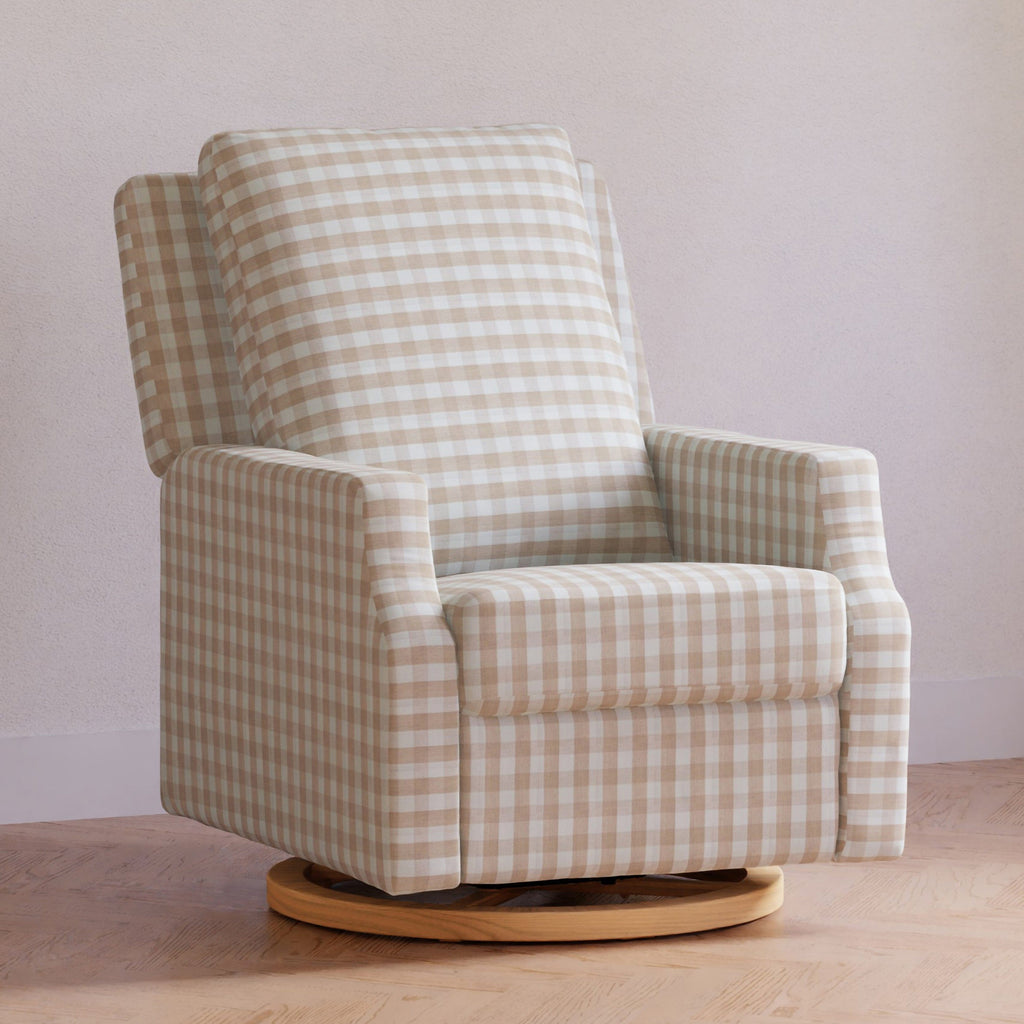 Crewe Electronic Recliner and Swivel Glider | Tan Gingham with Light Wood Base Rocking Chairs NAMESAKE 