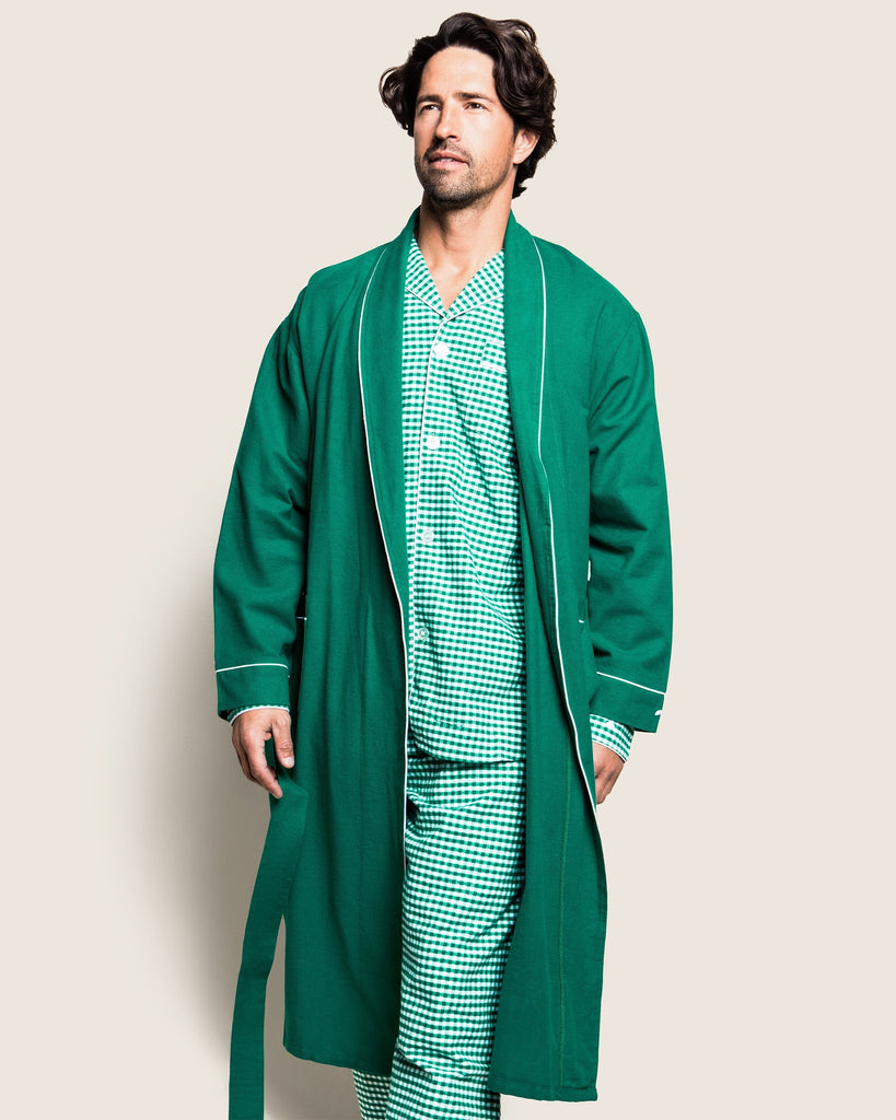 Men's Flannel Robe in Forest Green with White Piping Men's Robe Petite Plume 