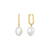 Oval Huggie Hoops With Pearl Drop Earrings Earrings eklexic 14K Gold Vermeil 