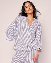 The Olivia Wide Leg Pima Pajama Set | Navy French Ticking Pajama Sets Petite Plume 