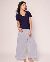 The Olivia Wide Leg Pima Pajama Set | Navy French Ticking Pajama Sets Petite Plume 