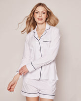 Women's Pima Long Sleeve Short Set | White with Navy Piping Pajama Sets Petite Plume 