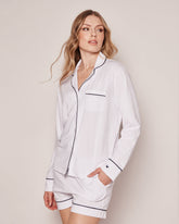 Women's Pima Long Sleeve Short Set | White with Navy Piping Pajama Sets Petite Plume 