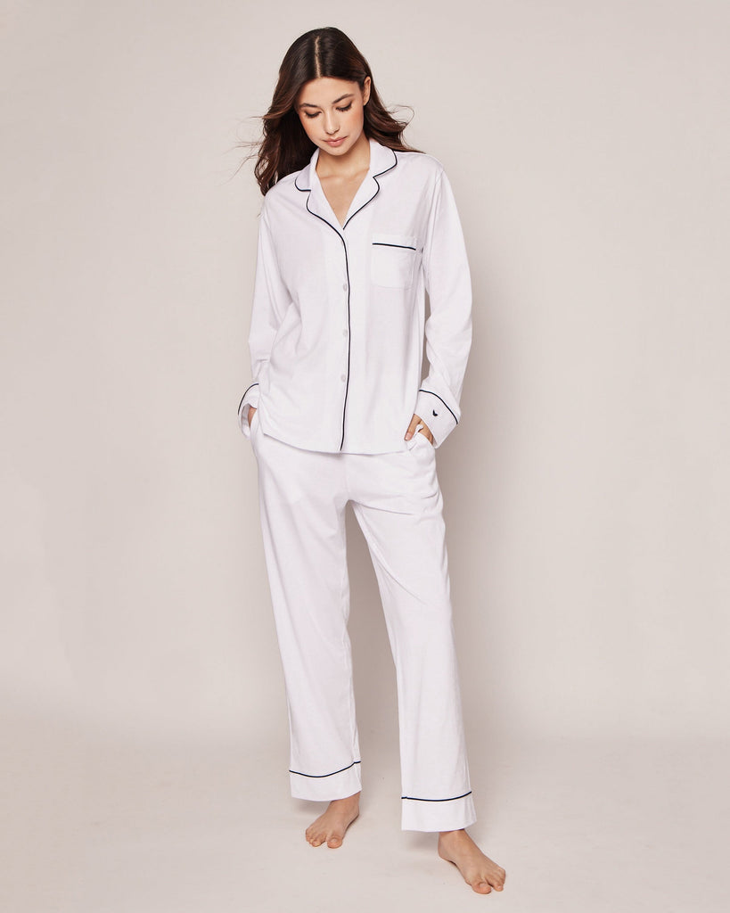 Women's Pima Pajama Set | White with Navy Piping Pajama Sets Petite Plume 