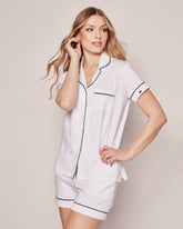 Women's Pima Pajama Short Set | White with Navy Piping Pajama Sets Petite Plume 