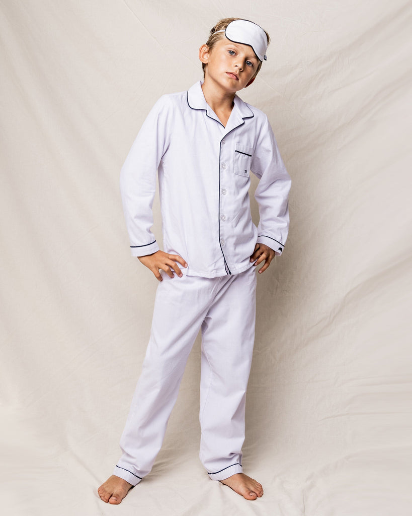 Kid's Twill Pajama Set | White with Navy Piping Pajama Sets Petite Plume 