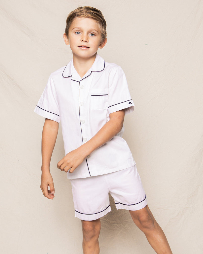 Kid's Twill Pajama Short Set | White with Navy Piping Pajama Sets Petite Plume 