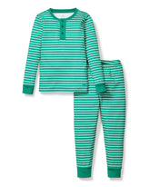 Kid's Pima Snug Fit Pajama Set | Green Stripe Pajama Sets Petite Plume 