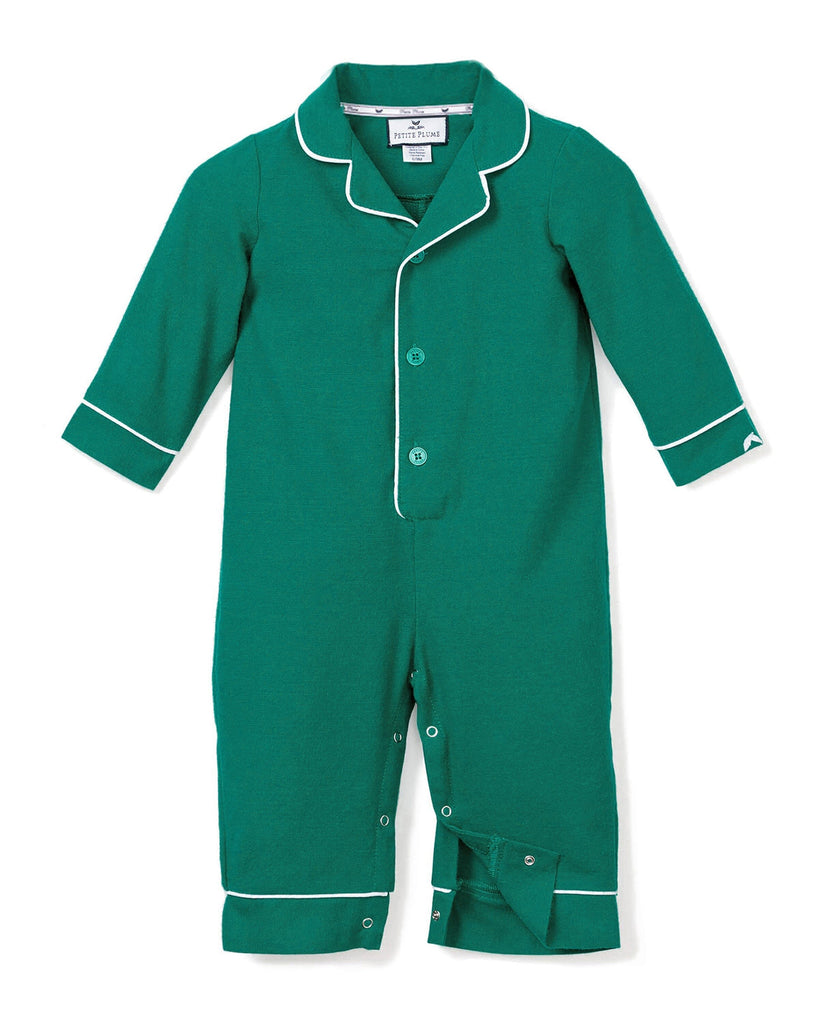 Baby's Flannel Romper in Forest Green with White Piping Infant Romper Petite Plume 