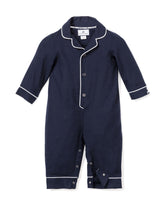 Baby's Flannel Romper in Navy with White Piping Infant Romper Petite Plume 