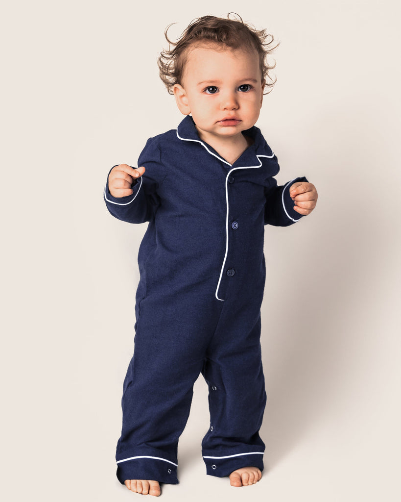 Baby's Flannel Romper in Navy with White Piping Infant Romper Petite Plume 