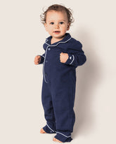 Baby's Flannel Romper in Navy with White Piping Infant Romper Petite Plume 