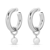 Zolen Hoops with Baroque Pearl Charms Earrings eklexic RHODIUM 