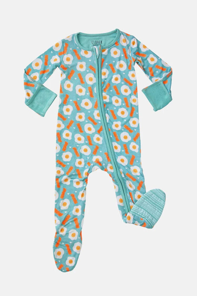 Soft & Stretchy Zipper Footie - Bacon & Eggs Blue by Clover Baby & Kids Clover Baby & Kids 