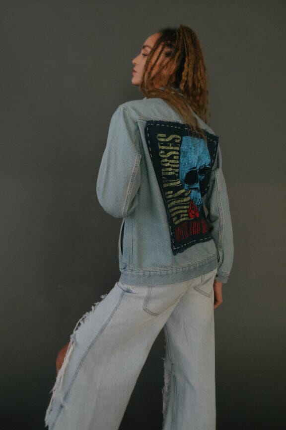 Guns N Roses Flower Skull Hand Stitched Denim Jacket People of Leisure 