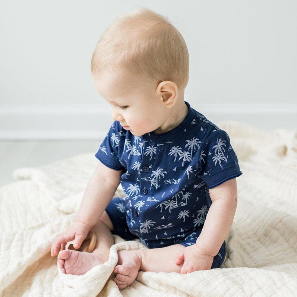 Henley Romper - Vintage Hawaii - White on Indigo 100% Pima Cotton by Feather Baby Feather Baby 