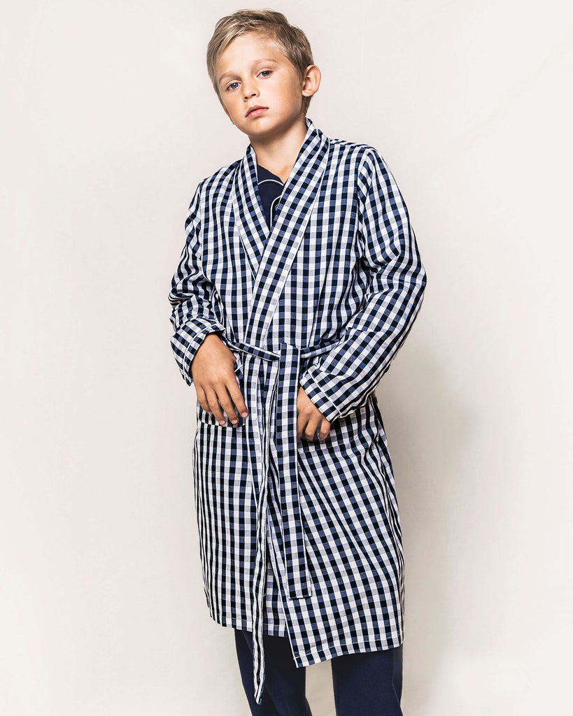 Kid's Twill Robe | Navy Gingham Robes Petite Plume 