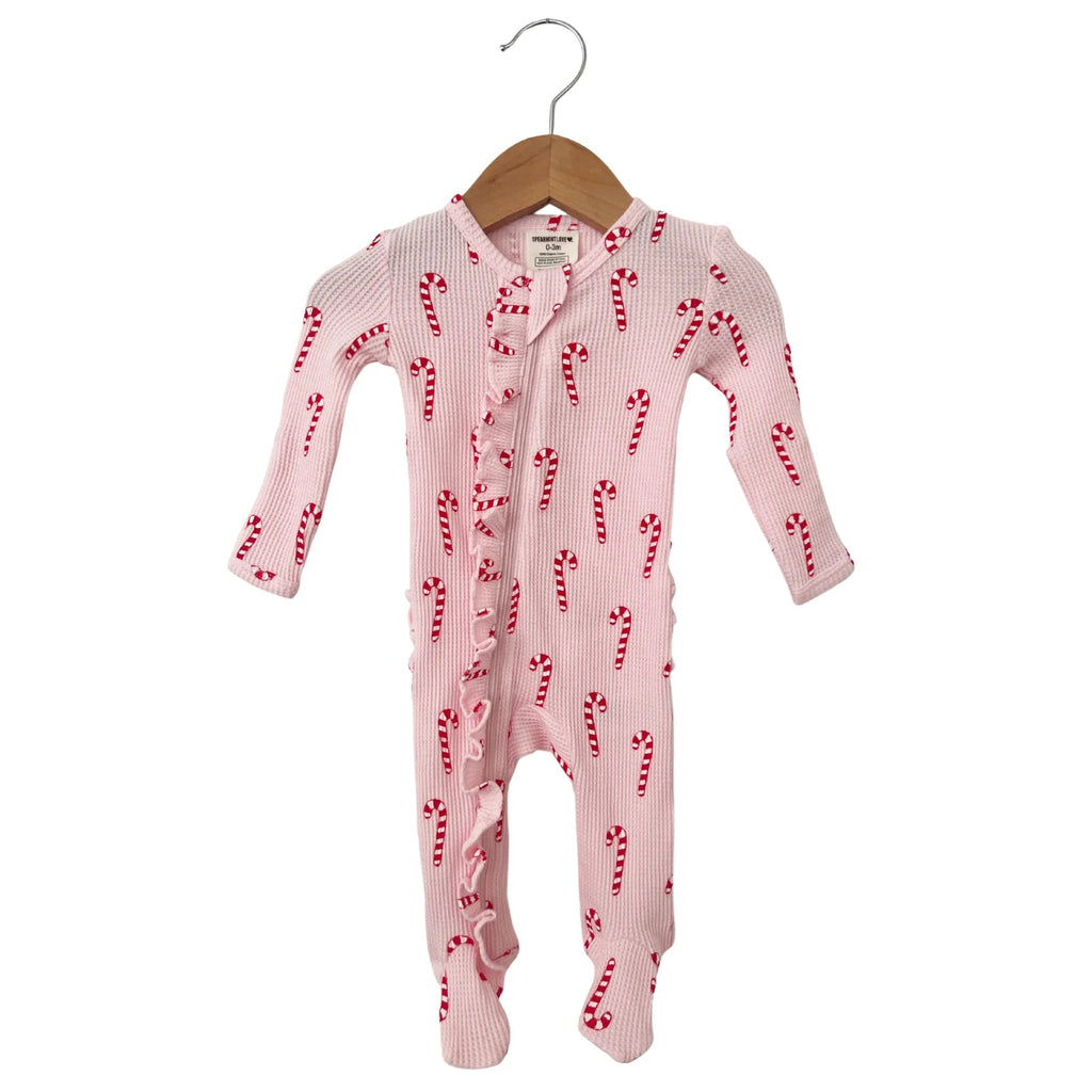 Organic Waffle Ruffle Zip Footie | Pink Candy Cane Onesies SpearmintLOVE Newborn Pink Candy Cane 