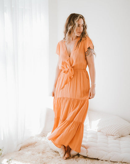 Tie Maxi Dress - Daisy Peach | Bohemian Mama - Women's Clothing