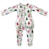 Christmas Trees Pink | Organic Frill Zip Footie Onesies SIIX Collection 0-3M 