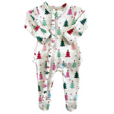 Christmas Trees Pink | Organic Frill Zip Footie Onesies SIIX Collection 